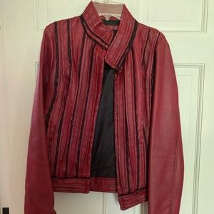 red leather jacket with black lace accents